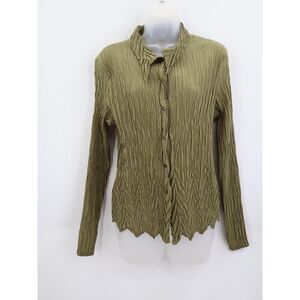 Babette Crinkled Stretch Snap Front Long Sleeve Blouse Shirt Top Size S Green